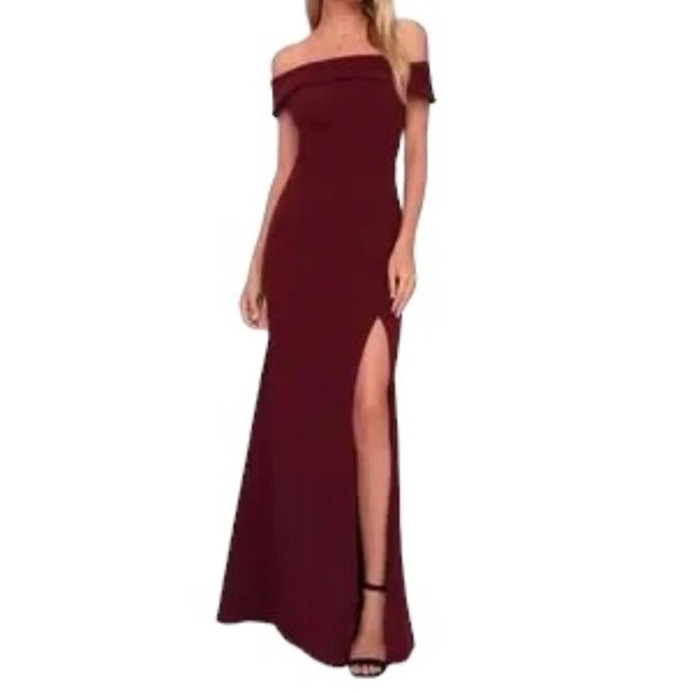 Lulus Aveline Burgundy Off-The -Shoulder Maxi Dress Sz. X-Small